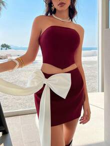 Burgundy Strapless Crop Top & Fitted Mini Skirt Two Pieces Set With Large White Bow Accent & Multiple White Cross-Back Straps – Elegant Sweet Chic Style Ideal For Weekend Brunches, City Strolls, Spring/Summer Dates, Fashion Gatherings,Vacation, Plain Outfits - Burgundy - View 5