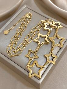 Fashion Gold Hollow Star Pendant Necklace, Minimalist Shiny Star Link Chain Necklace, Elegant Jewelry For Daily Wear, Party, Vacation And Gift,Unisex,Valentine's Day Gift - Multicolor - View 13