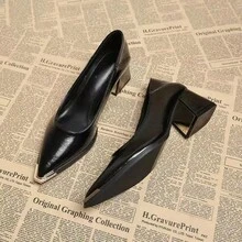 西欧时尚女鞋大码尖头鞋女中跟鞋春秋通勤新款低帮粗跟高跟鞋工作鞋