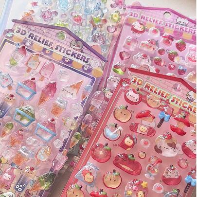 3D立体浮雕贴纸 - 草莓、苹果、饮料、乌龟图案，适用于DIY手机壳、剪贴簿、装饰