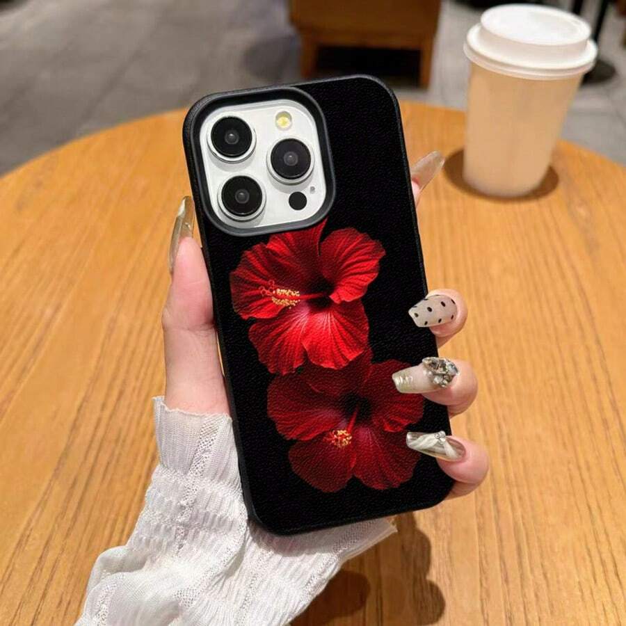 1 Stück Vintage elegante Hibiskus Muster TPU Soft Handyhülle, kompatibel mit iPhone 17 Pro Max/17/16 Pro Max/15/13/12/11, S20 FE/A15/S24/A55, Redmi Note 11/12/13 Pro, stoßfeste Schutzhülle für den gesamten Körper - Schwarz - Übersicht 1