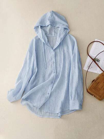 Plus Size Women Hooded Single-Breasted Casual Versatile Commuter Long Sleeve Shirt