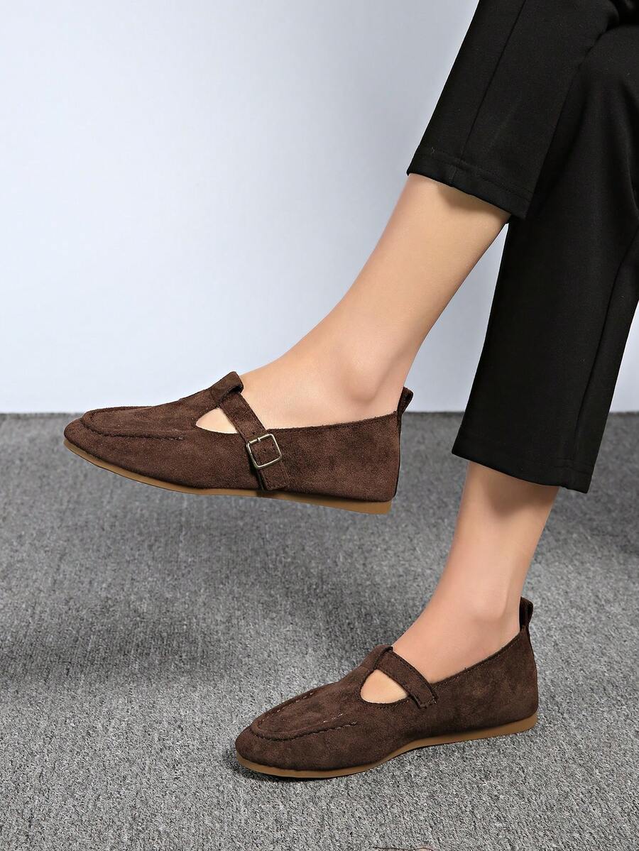 Japanese Style Mary Jane Shoes For Women, Square Toe Flat Slip-On Loafers, Versatile, Spring/Autumn - Brown - View 1