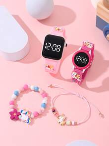 四款时尚百搭的儿童手表，专为女孩设计，价格实惠，是开学季的理想之选。这些手表采用卡通独角兽图案，配备LED数字指针，由电子材料制成。此外，还附赠串珠和金属独角兽手链。 - 彩色 - 查看 3