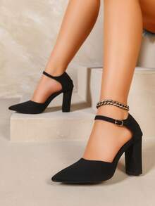 Black Elegant Hollow-Out Ankle Strap Chunky Heel Pointed Toe Fashion Pumps, Stylish Commuting Shoes For Women, Spring/Autumn New Arrival