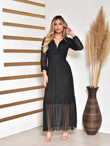 Women's Long Tulle Dress With Long Sleeves For Wedding Party - Negro - Ver 3