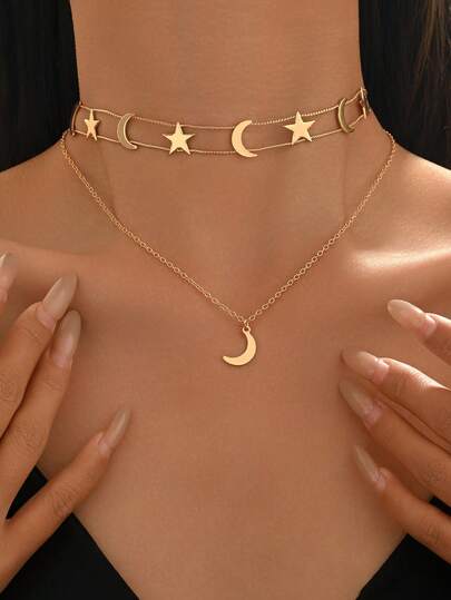1pc Vintage Star & Moon Necklace, Middle Eastern Ramadan Style, Double Layer Minimalist Star & Moon Pendant Choker, Jewelry Gift