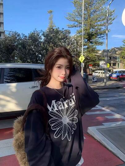 Mardi デイジー グラフィック スウェット トップス レディース 秋服 韓国風 オーバーサイズ パーカー 女性用 フェミニン ルーズフィット 長袖 トレーナー 秋のカフェ巡り デイリー アウター