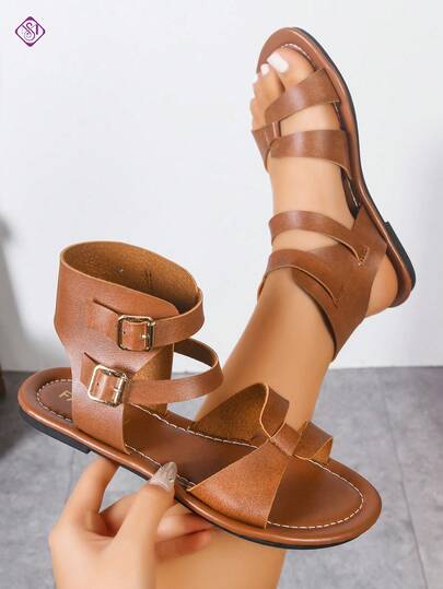 Women's Wide Width Retro High-Top Criss-Cross Strap Double Buckle Design Sandals, Versatile Elegant Casual Soft Bottom Comfortable Flat Sandals For Women, Suitable For Outdoor, Beach, Party