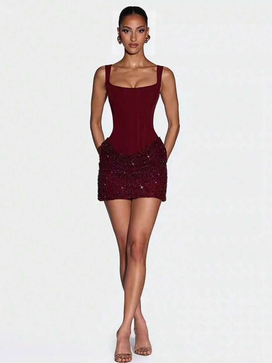 Vestido Street Fashion Sin Mangas Cintura Ajustada Ajustado para Mujer - Burdeos - Ver 1