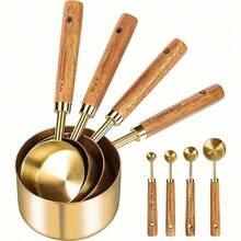 8pcs Gold Stainless Steel Measuring Cups And Spoons Set, High Quality Stainless Steel With Wooden Handle, Clear Markings - Dry And Liquid Measuring Cups, Ideal For Cooking, Baking And Kitchen Use - - - View 1