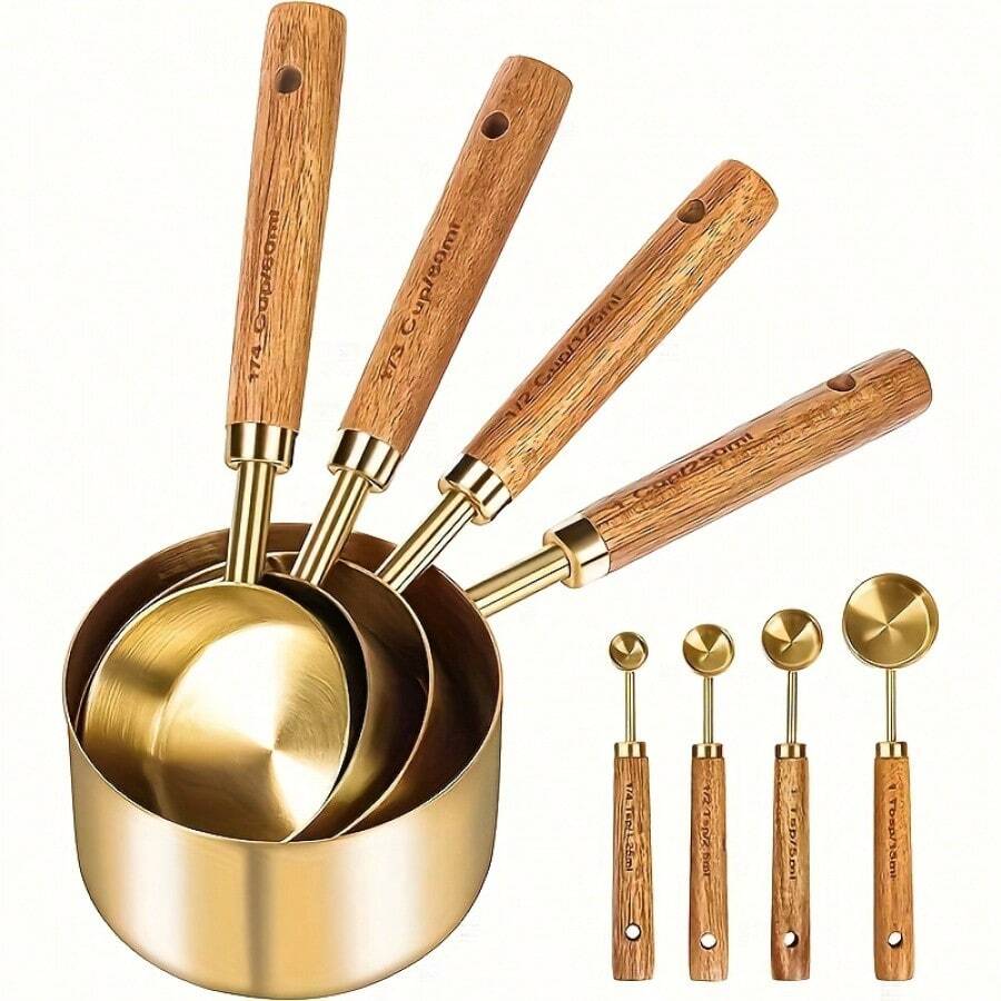 8pcs Gold Stainless Steel Measuring Cups And Spoons Set, High Quality Stainless Steel With Wooden Handle, Clear Markings - Dry And Liquid Measuring Cups, Ideal For Cooking, Baking And Kitchen Use - - - View 1