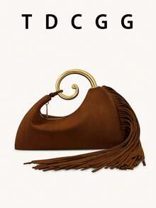 麂皮金属环手柄流苏手拿包，时尚优雅女士手提包，秋冬新款，适合派对、聚会、晚宴、婚礼、鸡尾酒会、节日、约会和闺蜜之夜等场合。 - 咖啡棕 - 查看 3