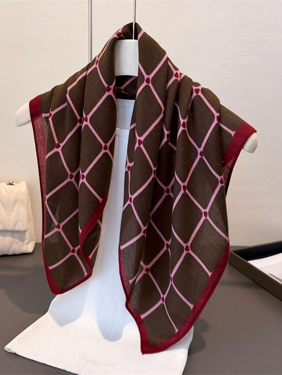 1pc Women's Bandana, Geometric Valentine's Day Print Silk-Like Fabric Headscarf, Neckerchief, Suitable For Daily Use - Multicolor - View 1