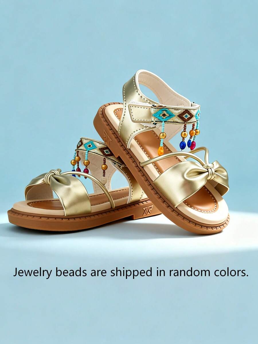 1 Pair Girls' Geometric Embroidery Butterfly Decor Sandals, Faux Leather, Non-Slip Flat, Ankle Strap, Bohemian Style, Summer, Popular Design, Soft Sole, Comfortable, Fashionable, Ideal Gift - Gold - View 1