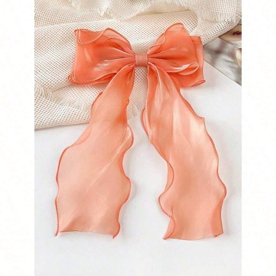 1pc Beige Mesh Hair Clip With Heart Print, Large Bowknot And Spring Clip, Elegant And Gentle Hair Accessory Hair Bow For Spring Valentine's Day, School Stuff, College, Bows, Cute, Hair Accerssories - trái cam - Xem 1