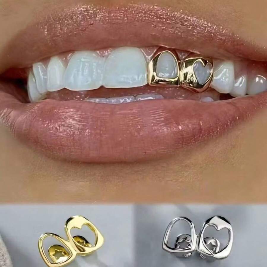 Valentine's Heart Grillz: Hip Hop Dental Jewelry, Edgy Couple Gift & Light Luxury Accessory &Romantic Edge Gift &Hip Hop Fashion Grillz &Gift For Music & Fashion Lover - 金色 - 查看 1