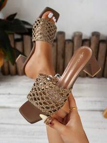 Giày cao gót dệt kim dành cho nữ, quai gót dày, thoải mái, màu đen, trắng, nâu, kiểu dáng tối giản thời trang mùa hè. - màu nâu - Xem 3