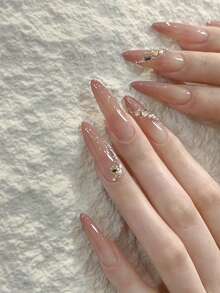 30片杏仁形美甲贴片，渐变水钻可爱时尚韩版美甲贴纸，新款美甲贴片，包含1片果冻胶和1片防滑贴纸，适合派对、舞会、日常佩戴，可重复使用。