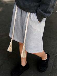 Men's Grey Sports Shorts With Thick Drawstring And Tassel, Streetwear Style For Summer - Light Grey - View 3