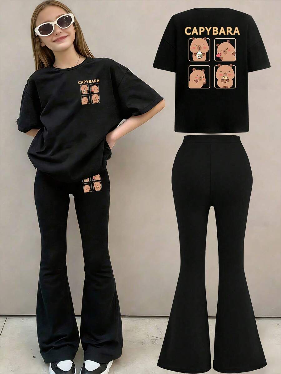 Áo ngắn tay in hình hoạt hình dành cho bé gái và quần ống loe ôm sát. - màu đen - Xem 1