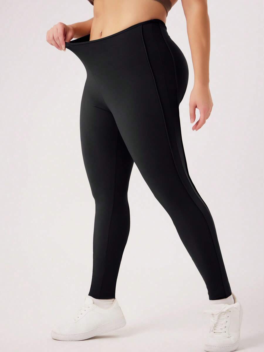 1pc Women Plus Size Elastic Seam Design Shaping Line Skinny Leggings - Black - View 1