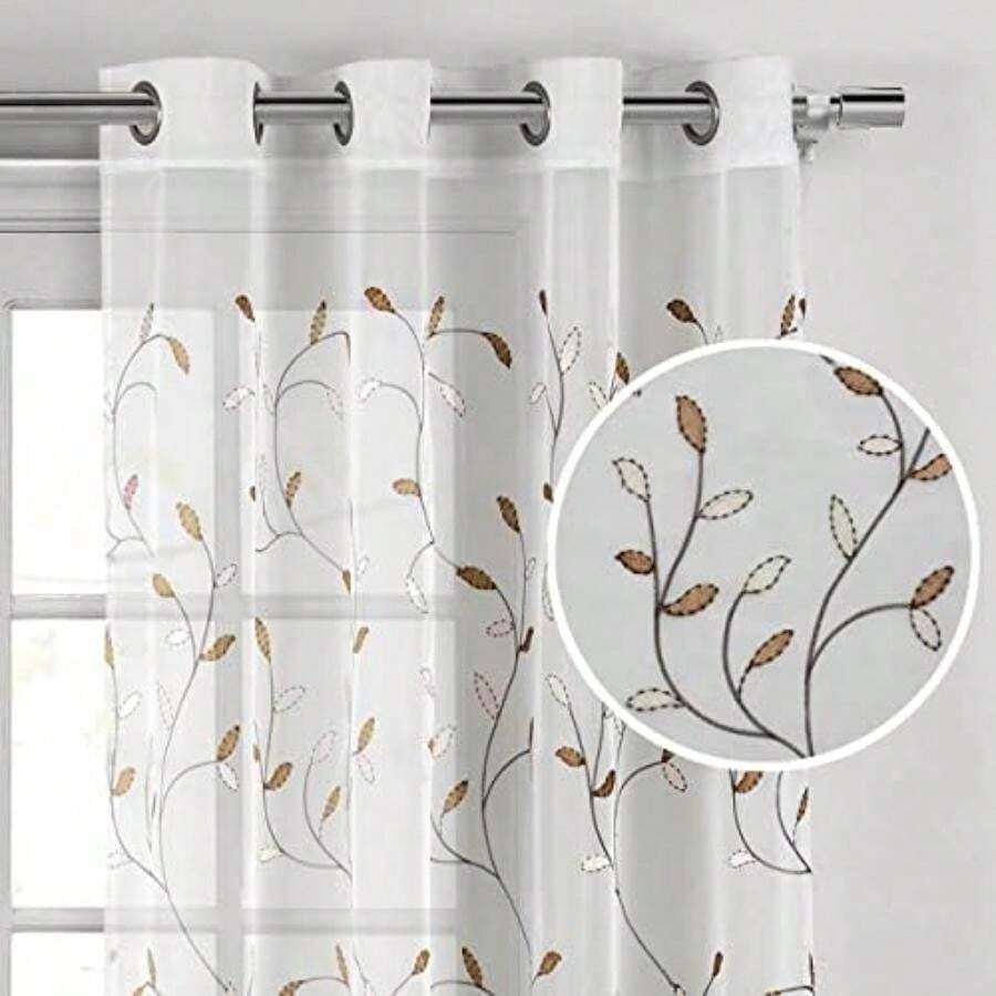 Creative Home Ideas - Cortinas Bordadas con Flores, 137 x 160 cm, para Sala de Estar, con Ojales, Color Verde Azulado, 1 Panel Individual(Chocolate 137.2An x 160Al cm (1 Paneles)) - Multicolor - Ver 1