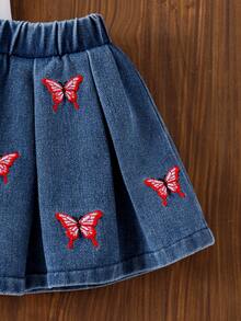 2pcs Baby Girl Fashion Butterfly Print Lantern Sleeve T-Shirt Top And Butterfly Embroidered Pleated Denim Mini Skirt Set - White - View 8