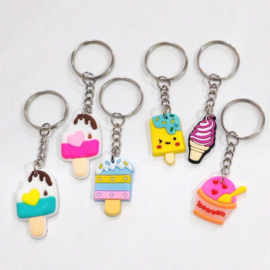 6pcs Assorted Ice Cream & Popsicle Shaped Keychains, Cute Frozen Treat Keyrings, Suitable For Classroom Prizes, Student Rewards, Holiday Gifts, Party Favors, Backpack & Car Decor, Small Gifts - Multicolor - View 1