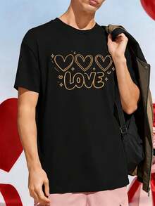 Camiseta negra con estampado gráfico de corazón, tejido de alta calidad, corte holgado, informal, cómoda, estampado llamativo. - Negro - Ver 1