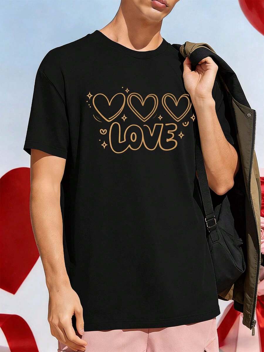 Camiseta negra con estampado gráfico de corazón, tejido de alta calidad, corte holgado, informal, cómoda, estampado llamativo. - Negro - Ver 1