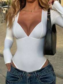 Vaiaye 女士性感 Y2K 连体衣，V 领长袖修身黑色连体衣，适合情人节穿着，春夏白色优雅款 - 白色 - 查看 5