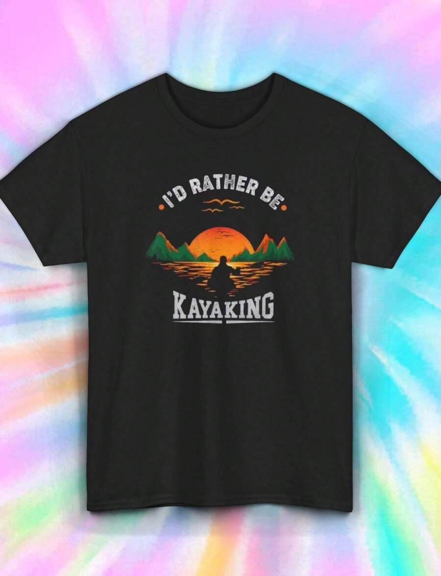 I'd Rather Be Kayaking Outdoor Adventure Paddling Graphic T-Shirt S-5XL - Negro - Ver 1