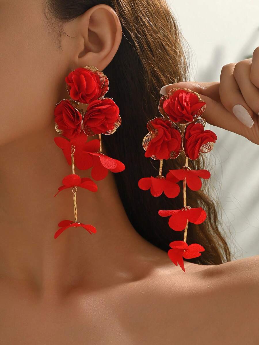 OOQ 1对夏季度假风夸张花朵流苏耳环，波西米亚海滩海洋度假风优雅雪纺花朵多层耳环，适合女性日常、派对、度假佩戴（手工制作，可能存在轻微胶水痕迹） - 紅色 - 查看 1
