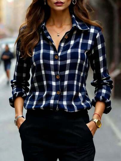 Blusa elegante de poliéster a cuadros con cuello de camisa, mangas largas regulares y botones delanteros para mujeres