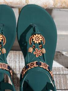 Dép xỏ ngón đế bằng nữ kiểu dáng mới, họa tiết hoa 3D đính cườm kẻ sọc, dép quai chữ T thanh lịch, bóng bẩy, phong cách bohemian cổ điển. - Màu xanh lam - Xem 6