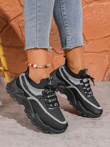 1 par de zapatillas de mujer, zapatillas deportivas casuales cómodas con suela blanda y transpirable, diseño de puño elástico, patrón exquisito, antideslizante y transpirable - Negro - Ver 4