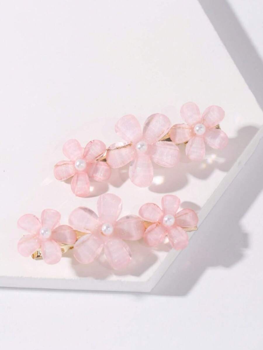 2pcs Elegant Faux Crystal Flower & Pearl Edged Hair Clips, Claw Clips, Hair Slide, Hair Barrettes, Head Accessories, Hair Accessories For Women - Baby Pink - View 1