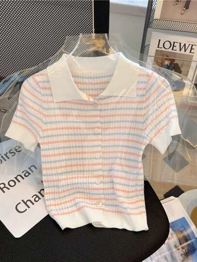 Summer New Colorful Striped Polo Collar Knit Cardigan Women, Thin Short Sleeve Fitted Top With Striped Trim, Contrast Color Buttons, Collegiate Beach