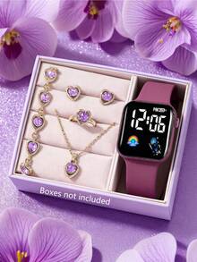 6-In-1 Elegant Girl Square Digital Display, With Rainbow LED Screen, Sparkling Diamond Heart Necklace, Bracelet, Earrings And Ring, Perfect Gift For Parties, Trips, Celebrations, Halloween, Christmas, Back To School, And Gifts For Friends And Family - Multicolor - View 18