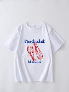 大码女式休闲度假风日常通勤龙虾字母印花短袖白色T恤 - 白色 - 查看 2