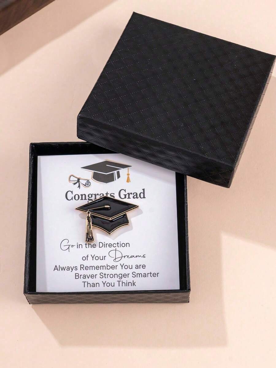 1pc Stylish Alloy Drip-Oil Graduation Cap Brooch, Packaged In Gift Box, Suitable For Graduation, Back To School, Teacher's Day Gifts - Black - View 1