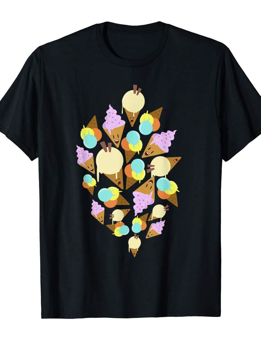Ice Cream Pattern Print Top Cute Frozen Dessert Gift T-Shirt For Men W (2) - 黑色 - 查看 1