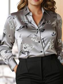 HOMEYEE Plus Size Women Elegant Vintage Floral Pattern Button Front Business Shirt Vacation Spring - Grey - View 2
