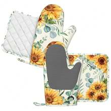 Sunflower Eucalyptus Oven Mitts Pot Holders Set Silicone Heat Resistant Summer Yellow Green Leaves Flowers Oven Mitts And Hot Pads Potholders Non-Slip Oven Gloves For CooFKing BaFKing Grilling,YellowGreen - Yellowgreen - View 3