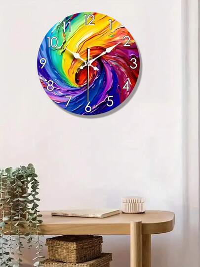 1pc Vibrant Abstract Art Silent Quartz Wall Clock - Colorful Modern Round Wooden Decor With Prominent Numerals, Suitable For Home And Office, Uses AA Battery (Battery Not Included), Living Room Wall Clock