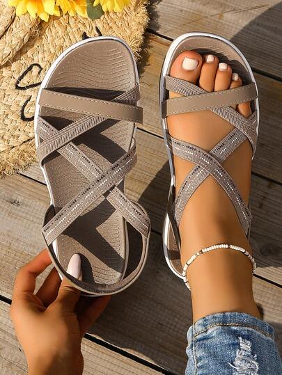 女士平底凉鞋，交叉绑带设计，软底防滑，透气舒适，时尚百搭，轻便舒适，简约纯色厚底沙滩鞋，夏季新品系列