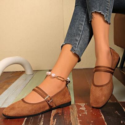 2025 Square Toe Plus Size Ballet Shoes For Women, Mary Jane Soft Bottom Fashion Strap Loafers, Suede Super Versatile Comfortable Buckle Shoes