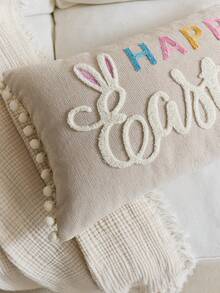 1pc Khaki Easter Bunny Embroidered Throw Pillow Cover, Happy Easter Pillowcase, Suitable For Indoor Decor, Spring/Summer Cushion Cover, Pillow Insert Not Included - Khaki - View 5