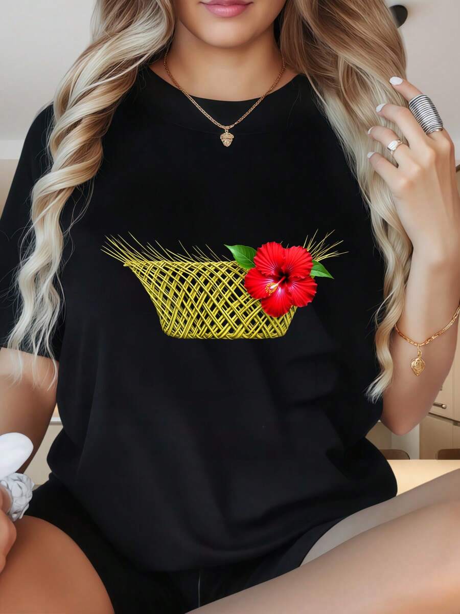 Women's Round Neck Short Sleeve T-ShirtBlack T Shirt With Yellow Basket And Red Flower Design Women's Casual Top Summer Fashion Graphic TeeFun Prints Are Suitable For Christmas Partysports Activitiesholiday Partiesoutingssports And Other Holiday Gifts (220g). - 黑色 - 查看 1